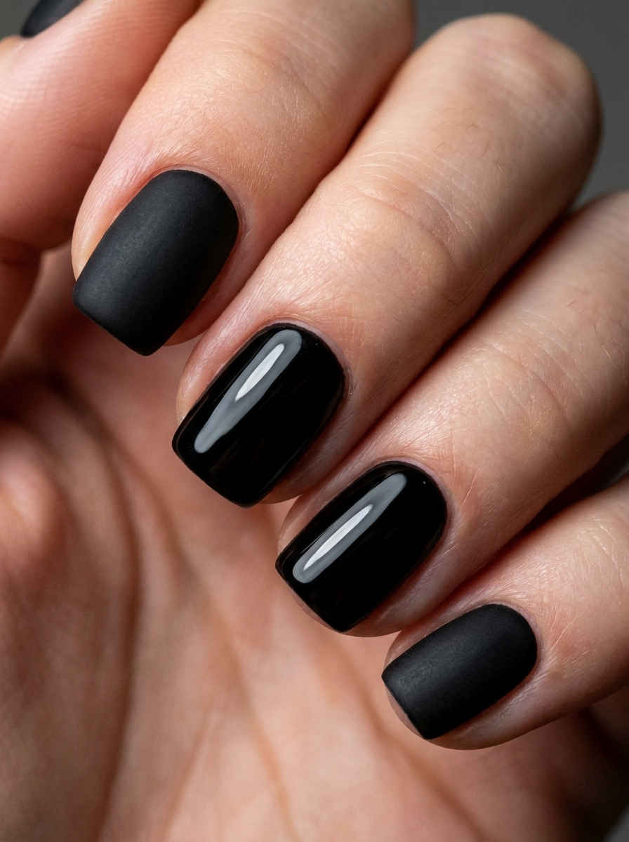 Matte & Glossy Black Mix als Schwarze Nägel Ideen Inspiration 2026